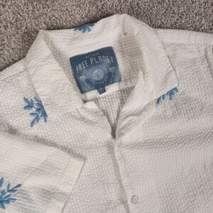 Free Planet L White‎ Seersucker Blue Embroidered Floral Mens Shirt